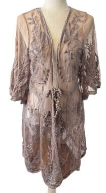 POL Lace Embroidered Crochet Kimono Duster Boho Taupe Floral Mesh Cover Up